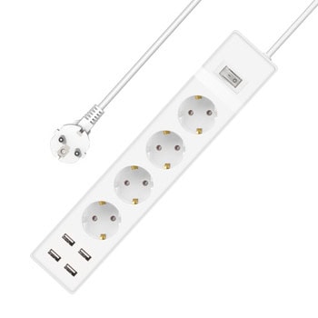 Разклонител 17887, 4 гнезда, 4x USB-A, бутон за вкл./изкл., 1.5m кабел, бял | JAR Computers Разклонител 17887