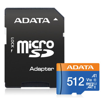 Карта памет 512GB microSDHC с адаптер, A-Data Premier V10 AUSDX512GUICL10A1-RA1, Class 10 UHS-I, скорост на четене до 100MB/s, скорост на запис до 25MB/s | JAR Computers A-Data Premier 512GB AUSDX512GUICL10A1-RA1