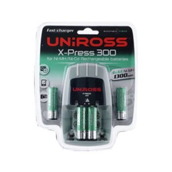 Charger +4AA 1300mAh NiMH Batteries, UNIROSS