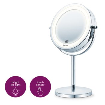 Козметично огледало Beurer BS 55, 2 огледала (нормално и с 7 степенно увеличение), 13 см, LED свелина с 18 LED диода, автоматично изключване след 15 мин., с touch сензор, със стойка, сребристо image