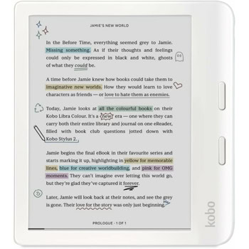 Електронна книга Kobo Libra Colour, 7" (17.18cm) E-Ink Kaleido 3 цветен сензорен екран, Wi-Fi, Bluetooth, двуядрен 2.0GHz процесор, USB-C, 32GB Flash памет, IPX8 водоустойчивост, бяла | JAR Computers Kobo Libra Colour White N428-KU-WH-K-CK
