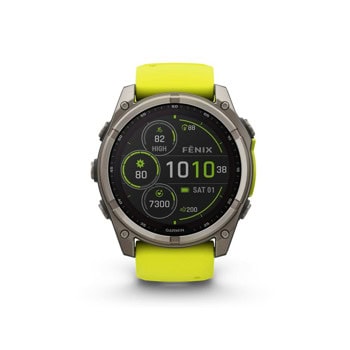 Смарт часовник Garmin FENIX 8 - 51 мм Solar Sapphire Titanium, 1.4"(3.55cm), трансфлективен дисплей, GPS, Bluetooth,10 ATM, 32 GB вградена памет, 30 дни време на работа, с Amp Yellow/Graphite със силиконова каишка | JAR Computers Garmin FENIX 8 Solar Sapphire Titanium