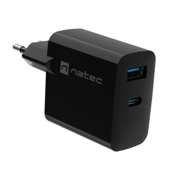 Зарядно устройство Natec Ribera GaN (NUC-2143), от контакт към 1x USB-A(ж), 1x USB-C(ж), 5V/3A, черно, PD 3.0, 45W | JAR Computers Зарядно устройство Natec Ribera GaN NUC-2143