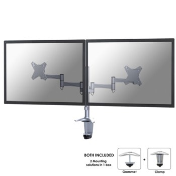 Стойка за монитор NewStar FPMA-D1330DSILVER, за плот, за екрани от 10" до 27", VESA до 100 x 100, макс. тегло до 9кг., регулируема, за 2 бр. монитора, сребриста | JAR Computers NewStar FPMA-D1330DSILVER