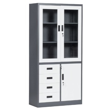 Метален шкаф Carmen CR-1278 E SAND, 3x рафтове, 2x шкафове, 4x чекмеджета, прахово боядисан, метален, заключване на вратите, регулируема височина на рафтовете, черно-бял image
