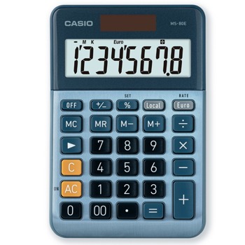 Калкулатор Casio MS-80E, 8-цифрен LCD дисплей, джобен, изчисляване на %, преобразуване на валута (1 курс), про-процент, син image