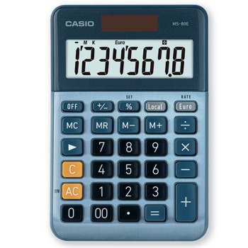 Калкулатор Casio MS-80E, 8-цифрен LCD дисплей, джобен, изчисляване на %, преобразуване на валута (1 курс), про-процент, син | JAR Computers Casio MS-80E