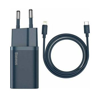 Зарядно Baseus Super Si (TZCCSUP-B03), от контакт към USB-C(ж), вкл. кабел от USB-C(м) към Lightning(м), 5V, 3A, Син, 20W PD, 1m кабел | JAR Computers Зарядно Baseus Super Si 20W USB-C към Lightning