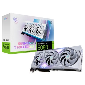 Видео карта Nvidia GF RTX 5080, 16GB, MSI GAMING TRIO WHITE, OC, PCI-E 5.0, GDDR7, 256-bit, DisplayPort, HDMI | JAR Computers MSI GF RTX 5080 16GB GAMING TRIO OC WHITE
