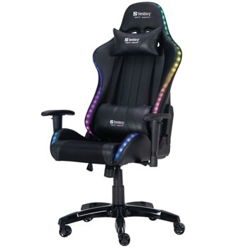 Геймърски стол Sandberg Commander Gaming Chair RGB (640-94), до 150кг. макс тегло, PU кожа и дишаща материя, желязна рамка, нагласяне и регулиране на височината, RGB подсветка, черен | JAR Computers Sandberg Commander Gaming Chair RGB 640-94