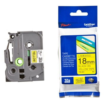 Лента за етикетен принтер Brother тип TZ, черен цвят на бял фон, 18mm x 8m, PN: TZe-641 | JAR Computers TZ Tape BROTHER 18mm Black on Yellow, Laminated, 8