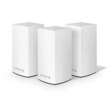 Wi-Fi система(3x бр.) Linksys Velop Intelligent Mesh WHW0103, 1300Mbps, 2.4GHz(400Mbps)/5GHz(867Mbps), Wireless AC, 1x LAN1000, 1x WAN1000, 3x вътрешни антени, 256MB Flash памет, 256MB RAM, Bluetooth 4.0 | JAR Computers Linksys Velop Intelligent Mesh WiFi System WHW0103