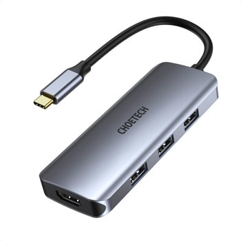 Докинг станция Choetech 7-in-1 USB-C Hub (HUB-M19), 1x USB-C 3.0, 3x USB-А 3.0, 1x USB-C (PD), 1x HDMI, SD/Micro SD четец на карти, сребриста image