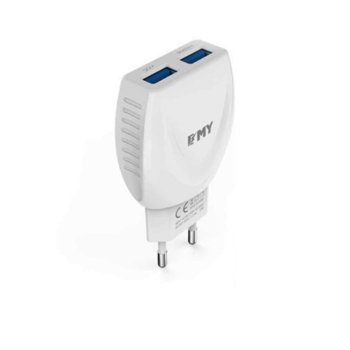 Зарядно устройство EMY MY-221, от контакт към 2x USB А(ж), 5V, 2.1A, бяло, кабел от USB A(м) към USB C(м), 1m, бял, защита от презареждане и прегряване image