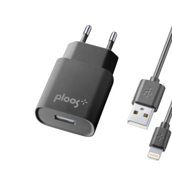 Зарядно за телефон Ploos, от контакт към USB A(ж), 1A, USB A(м) към Lightning(м) кабел, черно | JAR Computers Ploos IT6547