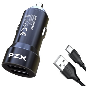 Зарядно устройство за кола PZX C915, от автомобилна запалка към 2x USB Type-A(ж), 5V, 2.4A, черно, с включен USB C кабел | JAR Computers PZX C915 2USB 2.4A Type C 634455