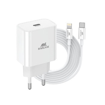 Зарядно устройство Rivacase PS4101WD5, от контакт към 1x USB-C(ж), 12V/1.67A, бяло, PD 3.0, кабел от USB-C(м) към Lightning(м) | JAR Computers Rivacase PS4101WD5