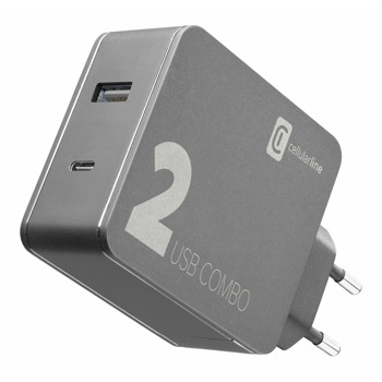 Зарядно устройство Cellularline Multipower Combo 2, от контакт към 1x USB C(ж)/1x USB A(ж), 42W, черно | JAR Computers Cellularline Multipower Combo 2 IT6849