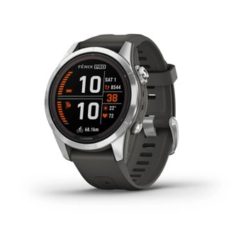 Смарт часовник Garmin fenix 7S Pro Solar Edition, Silver, 1.20"(30.40 мм) Power Sapphire дисплей, 32GB, водоустойчивост, до 14 дни време на работа, соларно зареждане, GPS, компас, Silver с Graphite каишка | JAR Computers Germin fenix 7S Pro Sapphire Solar Silver с Graphi