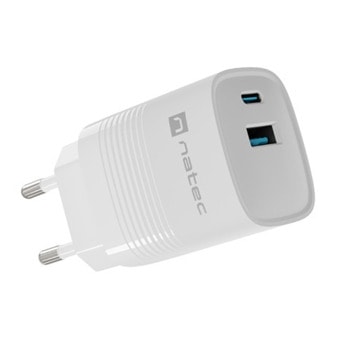 Зарядно устройство Natec Ribera GaN (NUC-2140), от контакт към 1x USB-A(ж), 1x USB-C(ж), 5V/3A, бяло, PD 3.0, 30W | JAR Computers Зарядно устройство Natec Ribera GaN NUC-2140