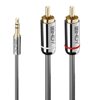 Кабел Lindy LNY-35334, от 3.5mm жак(м) към 2x RCA чинч(m), 2m, сив | JAR Computers LNY-35334