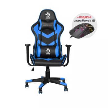 Геймърски стол Marvo Gaming Chair CH-106 v2 с подарък мишка Marvo M399, до 150kg, 100 mm газов амортисьор, 2D регулируеми облегалки за ръцете, черен/син image