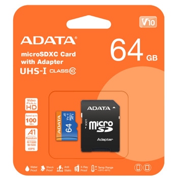Карта памет 64GB microSDHC с адаптер, A-Data Premier V10 AUSDX64GUICL10A1-RA1, Class 10 UHS-I, скорост на четене до 100MB/s, скорост на запис до 25MB/s | JAR Computers Adata 64GB MicroSDXC AUSDX64GUICL10A1-RA1