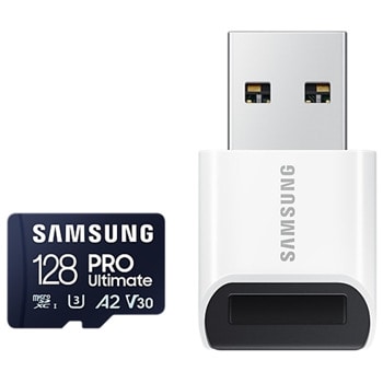 Карта памет 128GB microSDXC с USB четец, Samsung PRO Ultimate (MB-MY128SB/WW), Class UHS-I U3, скорост на четене до 200MB/s, скорост на запис до 130MB/s | JAR Computers Samsung PRO Ultimate 128GB MB-MY128SB/WW