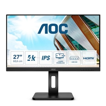 Монитор AOC U27P2CA, 27" (68.58 cm) IPS панел, 4K/UHD, 4ms, 50000000 :1, 350 cd/m2, DisplayPort, HDMI, USB-C | JAR Computers AOC U27P2CA