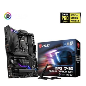 Дънна платка MSI MPG Z490 GAMING CARBON WIFI, Z490, LGA1200, DDR4, PCI-E 3.0, (DisplayPort&HDMI), (CFX&SLI), 3x SATA 6Gb/s, 2x M.2, 1x USB 3.2 Gen2x2 Type C, Wi-Fi, Bluetooth, ATX | JAR Computers MSI MPG-Z490-GAMING-CARBON-WIFI