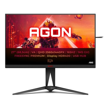 Монитор AOC AG275QXN/EU, 27" (68.58 cm) VA панел, 165Hz, QHD, 1ms, 80 000 000:1, 400cd/m2, DisplayPort, HDMI, USB | JAR Computers AOC AG275QXN/EU