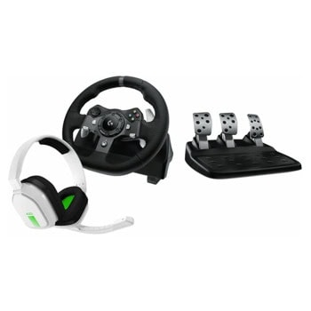 Волан Logitech Driving Force G920 в комплект със слушалки Logitech Astro A10, 900° въртене, два мотора за вибрация и реализъм, USB, за Xbox Series X|S/Xbox One/PC | JAR Computers Logitech Driving Force G920 991-000487