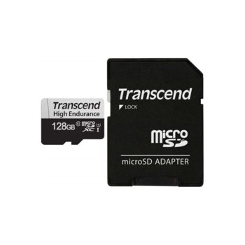 Карта памет 128GB microSDXC с адаптер, Transcend High Endurance, U1 Class 10 UHS-I, скорост на четене 95MB/s, скорост на запис 45 MB/s | JAR Computers Transcend 128GB microSD w/ adapter U1, High Endura