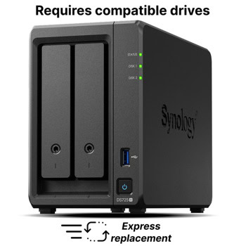 Мрежови диск (NAS) Synology DS725+, двуядрен AMD Ryzen R1600 2.6/3.1GHz, без твърд диск, 1x 2.5GbE RJ-45, 1x 1GbE RJ-45, 1x USB 3.2 Gen 1 | JAR Computers Мрежови диск (NAS) Synology DS725+