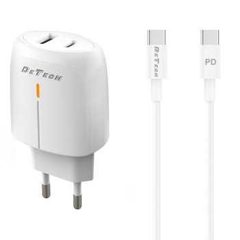 Зарядно устройство DeTech DE-31PDC, от контакт към 1x USB-A(ж)/1x USB-C(ж), 20W, бяло, кабел от USB-C(м) към USB-C(м) | JAR Computers Зарядно устройство DeTech DE-31PDC 40322