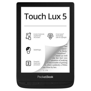 Електронна книга PocketBook PB628 Touch Lux 5, 6" (15.24 cm) сензорен екран, двуядрен процесор 1GHz, 512MB RAM, 8GB Flash памет (+microSD слот), до 1 месец живот на батерията, Wi-Fi, черна, 155g image