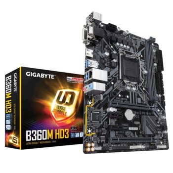 Дънна платка GIGABYTE B360M-HD3, B360, LGA1151, DDR4, PCI-E (HDMI&DVI-D)(CFX&CF), 6x SATA 6Gb/s, 1x M.2 Socket, 4x USB 3.1 Gen 1, Micro ATX | JAR Computers GIGABYTE B360M-HD3