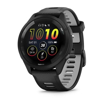 Смарт часовник Garmin Forerunner 265 Powder Gray, 32.5mm (1.3"), Bluetooth, Wi-Fi, до 13 дни време за работа, множество фитнес функции, профили за бягане, 8GB Flash памет, черен корпус със сиво-черна каишка | JAR Computers смарт часовник Garmin Forerunner 265 Powder Gray