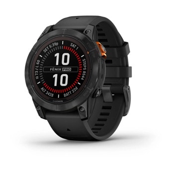 Смарт часовник Garmin fenix 7 Pro Solar Edition, Slate Grey, 1.30" (33.02 мм) Power Sapphire дисплей, 32GB, водоустойчивост, до 22 дни време на работа, соларно зареждане, GPS, компас, Slate Grey с Black каишка | JAR Computers Garmin fenix 7 Pro Solar Slate Grey с Black