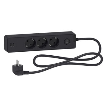 Разклонител Schneider Electric Unica ST943U1B, 3 гнезда, 2x USB, защита за деца, бутон за вкл./изкл., 1.5m, черен | JAR Computers Разклонител Schneider Electric Unica ST943U1B