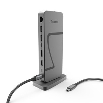 Докинг станция HAMA Connect2Office Speed, от USB-C към 1x USB-C(PD), 3x USB-C, 4x USB-A, 1x DisplayPort, 1x HDMI, 1x RJ45, сива | JAR Computers HAMA Connect2Office Speed 200200