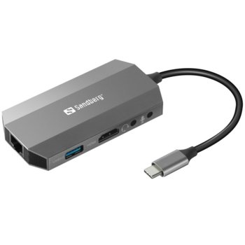 Докинг станция Sandberg SNB-136-33, от USB C към 1x USB C(PD), 2x USB A, 1x HDMI, 1x RJ45, 1x SD/MicroSD четец, 1x AUX, сива | JAR Computers SANDBERG SNB-136-33 USB-C Travel 6-in-1
