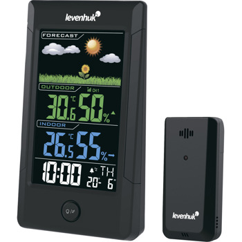 Термохигрометър Levenhuk Wezzer Teo TH40, цветен LCD дисплей, термометър, влагомер, часовник, будилник, календар, измерване на температурата и влажността на въздуха, включен 1 бр. външен сензор, черен | JAR Computers Levenhuk Wezzer Teo TH40