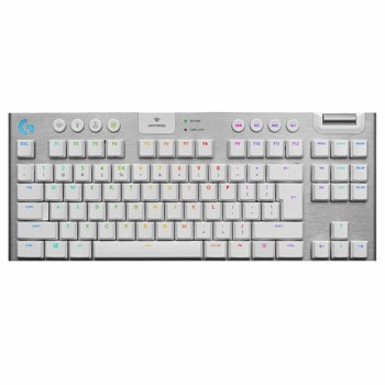 Клавиатура Logitech G915 TKL, безжична, механична, GL Tactile суичове, геймърска, RGB подсветка, нископрофилни клавиши, US layout, бяла, USB, Wireless, Bluetooth | JAR Computers Logitech G915 US tactile switches white