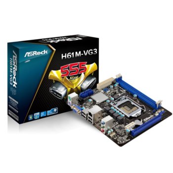 Дънна платка ASROCK H61M-VG3, H61, LGA 1155, DDR3 1600, Lan1000, 4xSATA 3Gb/s, 2xUSB 2.0, Micro ATX | JAR Computers ASROCK H61M-VG3 /H61/1155