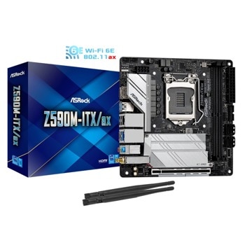 Дънна платка ASRock Z590M-ITX/ax, Z590, LGA1200, DDR4, PCI-E 4.0 (DP/HDMI), 4x SATA 6Gb/s, 1x M.2, 1x USB 3.2 Gen 2x2 Type-C, Wi-Fi, Bluetooth, Mini-ITX | JAR Computers ASRock Z590M-ITX/ax