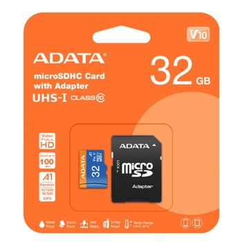 Карта памет 32GB microSDHC с адаптер, A-Data Premier V10 AUSDH32GUICL10A1-RA1, Class 10 UHS-I, скорост на четене до 100MB/s, скорост на запис до 25MB/s | JAR Computers Adata AUSDH32GUICL10A1-RA1