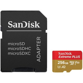 Карта памет 256GB с адаптер, SanDisk Extreme Plus + Rescue Pro Deluxe (SDSQXBZ-256G-GN6MA), Class 10, UHS-I, U3, скорост на четене 170 MB/sec, скорост на запис 90 MB/sec image