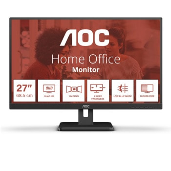 Монитор AOC Q27E3UAM, 27" (60.45 cm) VA панел, 75Hz, QHD, 4 ms, 20 000 000:1, 350cd/m2, DisplayPort, HDMI, USB | JAR Computers AOC Q27E3UAM