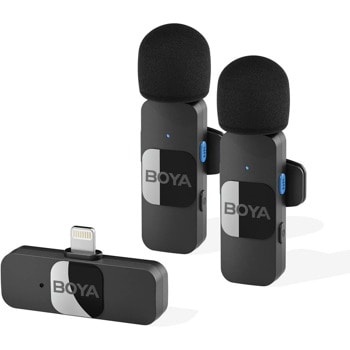 Безжична микрофонна система BOYA BY-V2, 1x микрофон, 2x предавателя и 1x приемник, обхват до 50m, до 9 часа време на работа, с ревер, Lightning, черни | JAR Computers BOYA BY-V2